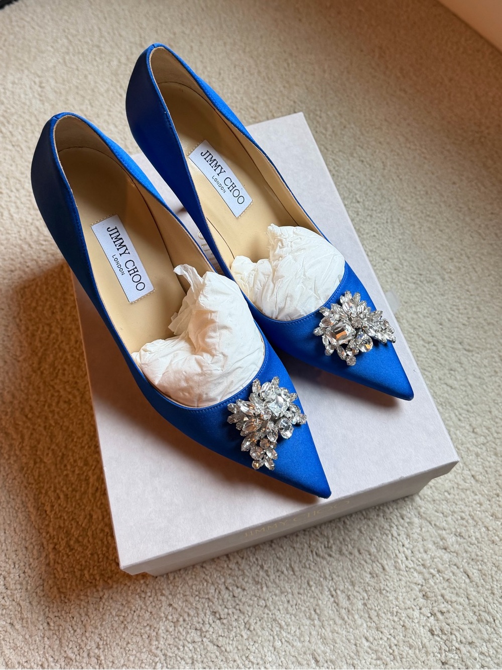 Jimmy Choo Royal Blue Satin Pointed Pumps with Crystal Brooch